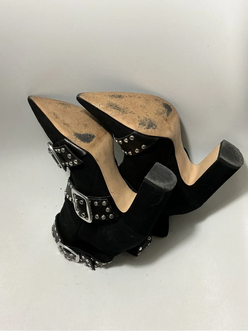 Italian Shoemakers Black Studded Pointed-Toe Buckle Ankle Boots